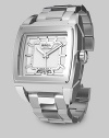 A sleek design in gleaming stainless steel with quartz precision, a square face and patterned silver dial. Quartz movement Water resistant to 10 ATM Date function at 6 o'clock Second hand Stainless steel case: 38mm Deployment clasp Made in Switzerland 