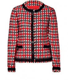 Classic sophistication goes quirky-cool with this vibrant plaid boucle jacket from Moschino Cheap & Chic - Round collar with black knit trim, concealed front placket with contrasting trim and silver-tone vintage-inspired charms, slit pockets at waist with trim and charms, all-over plaid printed knit, cropped silhouette - Wear with a figure-hugging pencil skirt and platform pumps Classic sophistication goes quirky-cool with this vibrant plaid boucle jacket from Moschino Cheap & Chic - Round collar with black knit trim, concealed front placket with contrasting trim and silver-tone vintage-inspired charms, slit pockets at waist with trim and charms, all-over plaid printed knit, cropped silhouette - Wear with a figure-hugging pencil skirt and platform pumps