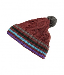 Top off your cold weather look with this stripe-detailed wool cap from Paul Smith - Wide striped band, cable knit patter, top pompom detail - Pair with jeans, a cashmere pullover, a parka, and boots