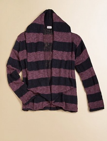 Allover wide stripes adorn this knit draped front shawl collar design. Shawl collar Open, draped front Rayon/polyester/spandex Machine wash Imported Allover wide stripes adorn this knit draped front shawl collar design. Shawl collar Open, draped front Rayon/polyester/spandex Machine wash Imported