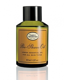 Pre-Shave Oil is the first step in The Art of Shaving. It softens the beard and prepares the skin for a close and comfortable shave without leaving an oily residue. For optimum results: Prepare your skin with Lemon Pre-Shave Oil. Apply Lemon Shaving Cream with Shaving Brush to generate a rich warm lather, soften and lift the beard, open pores, bring sufficient water to the skin and gently exfoliate. Soothe, refresh and regenerate the skin after shaving with Lemon After-Shave Balm.Lemon Essential Oil - Normal to Oily Skin Pre-Shave Oil is the first step in The Art of Shaving. It softens the beard and prepares the skin for a close and comfortable shave without leaving an oily residue. For optimum results: Prepare your skin with Lemon Pre-Shave Oil. Apply Lemon Shaving Cream with Shaving Brush to generate a rich warm lather, soften and lift the beard, open pores, bring sufficient water to the skin and gently exfoliate. Soothe, refresh and regenerate the skin after shaving with Lemon After-Shave Balm.Lemon Essential Oil - Normal to Oily Skin