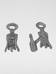 Cheers to style in sculpted sterling silver and black rhodium.Sterling silverWine bottle-shaped backAbout .89 diam.Made in USA Cheers to style in sculpted sterling silver and black rhodium.Sterling silverWine bottle-shaped backAbout .89 diam.Made in USA