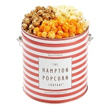 Send an extraordinary gift that will amaze your family, friends and clients. This 3.5 gallon popcorn tin includes 3 savory flavors: Butter, Caramel and Orange Cheddar. Send an extraordinary gift that will amaze your family, friends and clients. This 3.5 gallon popcorn tin includes 3 savory flavors: Butter, Caramel and Orange Cheddar.