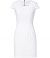 Crisp, elegant dress in fine stretch cotton - Understated style with round neckline, cap sleeves and textured shoulders - Several thoughtful darts create a fitted and feminine silhouette - Knee-length hem - Idea for your next vacation or summer event when pair with strappy sandals or peep toe heels