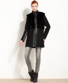 Faux-fur panels and faux-leather trim make this Kensie coat a chic pick for an edgy fall look!