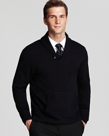 This exceptional pullover is modeled on a classic shawl collar silhouette but cleverly updated in decadently soft pima cotton for a luxurious feel. This exceptional pullover is modeled on a classic shawl collar silhouette but cleverly updated in decadently soft pima cotton for a luxurious feel.