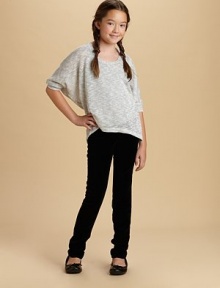 A light slubbed knit with a hint of sparkle in a slouchy shape with dolman sleeves.Banded scoop necklineElbow-length dolman sleeves with wide ribbed cuffsContour hem, longer in back85% polyester/11% metallic/4% spandexHand washMade in USA A light slubbed knit with a hint of sparkle in a slouchy shape with dolman sleeves.Banded scoop necklineElbow-length dolman sleeves with wide ribbed cuffsContour hem, longer in back85% polyester/11% metallic/4% spandexHand washMade in USA