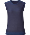 Versatile night blue and navy sleeveless knit top from Theyskens Theory - This downtown-cool sleeveless knit top is a must-have basic - Scoop neckline with contrasting trim and waistband, sleeveless - Style with boyfriend jeans, a southwestern-print jacket, and high heel booties