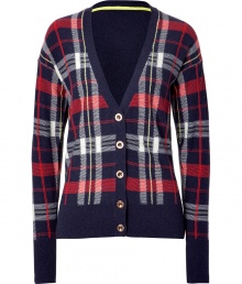 A preppy-cool plaid covers this ultra-chic wool-blend cardigan from Juicy Couture - V-neck, long sleeves with ribbed cuffs, front button placket, ribbed hem, front plaid pattern - Style with a long sleeve tee, high waist skinnies, and embellished ballet flats