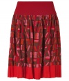 An elegant A-line silhouette and a lipstick-hued sartorial print informs this easy-to-style skirt from Anna Sui - Wide brick waistband, full gathered skirt, allover print, red trim, concealed back zip - Wear with a cashmere pullover or fitted blouse and embellished ballet flats