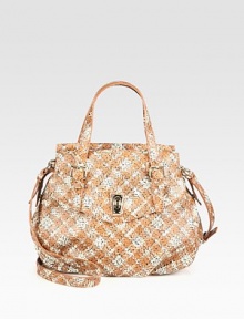 A roomy, plaid print in durable coated canvas.Double adjustable top handles, 5½-8 dropAdjustable detachable shoulder strap, 21¾-25 dropTop zip closureOne outside turn-lock flap pocketOne inside zip pocketTwo inside open pocketsFully lined12W X 10H X 3½DImported A roomy, plaid print in durable coated canvas.Double adjustable top handles, 5½-8 dropAdjustable detachable shoulder strap, 21¾-25 dropTop zip closureOne outside turn-lock flap pocketOne inside zip pocketTwo inside open pocketsFully lined12W X 10H X 3½DImported