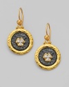 From the Imperial Collection. Hand-hammered, 24k yellow gold and silver plates are affixed with a radiant trio of sparkling pavé diamonds. Diamonds, 0.15 tcw 24k yellow gold and silvertone Drop, about 1¼ Width, about ¾ Ear wire Imported 