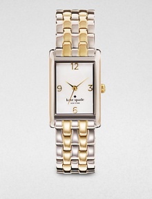 A classic timepiece in a high-contrast, two-tone design. Quartz movementWater resistant to 3 ATMRectangular silvertone case, 32mm (1.25) X 36mm (0.8)Smooth bezelMother-of-pearl dialNumeric hour markersSecond hand Two-tone link braceletImported A classic timepiece in a high-contrast, two-tone design. Quartz movementWater resistant to 3 ATMRectangular silvertone case, 32mm (1.25) X 36mm (0.8)Smooth bezelMother-of-pearl dialNumeric hour markersSecond hand Two-tone link braceletImported