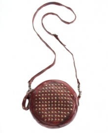 Studded with Frye's modern-western style, this canteen-inspired crossbody purse is bold with hammered hardware and a chic round shape. Studded with Frye's modern-western style, this canteen-inspired crossbody purse is bold with hammered hardware and a chic round shape.