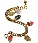 Show your love for Juicy Couture with this chic logo-detailed shield bracelet - Gold-tone brass chain with logo shield charms - Pair with a casual cocktail look or an elevated jeans-and-tee combo