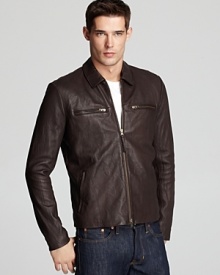 A powerfully cool biker jacket in handsome leather offers timeless style you can wear again and again. A powerfully cool biker jacket in handsome leather offers timeless style you can wear again and again.