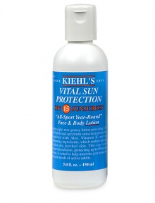 Named Best Sunscreen in Self magazine's 2004 Healthy Beauty Awards. Vital Sun Protection Sunscreen Lotion SPF 15, SPF 30 and SPF 40(for children). This lightweight, non-greasy lotion provides year-round UVA and UVB protection with hydrating and conditioning ingredients such as Aloe, Vitamin E and Soybean Oil. Quickly absorbed and very water-resistant,this sunscreen protects for up to 80 minutes in water. 5 oz. Named Best Sunscreen in Self magazine's 2004 Healthy Beauty Awards. Vital Sun Protection Sunscreen Lotion SPF 15, SPF 30 and SPF 40(for children). This lightweight, non-greasy lotion provides year-round UVA and UVB protection with hydrating and conditioning ingredients such as Aloe, Vitamin E and Soybean Oil. Quickly absorbed and very water-resistant,this sunscreen protects for up to 80 minutes in water. 5 oz.