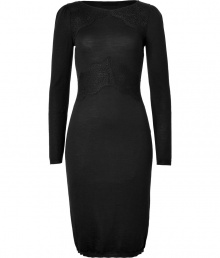 Cut a striking silhouette in this figure-enhancing wool and lace cocktail frock from Valentino - Bateau neckline, long sleeves with puckering, lace trim at neckline and waist, fitted silhouette - Pair with a slim trench, peep-toe heels, and a studded clutch Cut a striking silhouette in this figure-enhancing wool and lace cocktail frock from Valentino - Bateau neckline, long sleeves with puckering, lace trim at neckline and waist, fitted silhouette - Pair with a slim trench, peep-toe heels, and a studded clutch