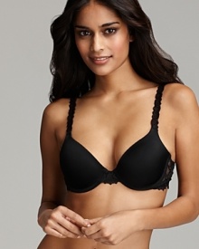 A smooth underwire cup bra with floral lace embellishments along straps and wings. Style #55362