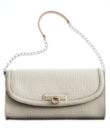 Add some elegance with a poised leather clutch by DKNY. A chain embellished strap and mini plaque at front add subtle glam to this gorgeous design. Add some elegance with a poised leather clutch by DKNY. A chain embellished strap and mini plaque at front add subtle glam to this gorgeous design.