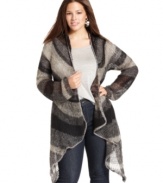Cozy up in cooler weather with Lucky Brand Jeans' long sleeve plus size cardigan, punctuated by a handkerchief hem.