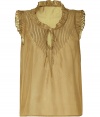 Playful top in sheer, sand-colored silk - Gathered collar and small, ruffled cap sleeves - Tie detail brings neckline deeper - Loose, straight cut - Extremely lightweight and flirty, creates a romantic look with flared jeans - Pair with wedge heels and oversized boho-chic bag