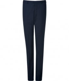 Exquisitely tailored with a flawless slim fit, Jil Sanders navy stretch wool trousers are a wardrobe staple guaranteed to give your look a seamlessly sophisticated edge - Side and buttoned back slit pockets, hidden hook closure, belt loops, flat front - Contemporary slim fit - Wear with an immaculately cut shirt and matching slim fit blazer