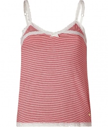 Adorable red and ecru lingerie-inspired striped top from Juicy Couture - Stay cozy and stylish in this lovely sleep tank - Stylish micro stripes with delicate lace detail - Perfect for glamorous lounging Adorable red and ecru lingerie-inspired striped top from Juicy Couture - Stay cozy and stylish in this lovely sleep tank - Stylish micro stripes with delicate lace detail - Perfect for glamorous lounging