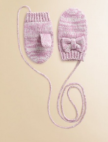 Toasty wool-blend yarn crafted into hand-warming mittens, sweetened by a marled pattern and bows. Loss-prevention string40% wool/28% rayon/15% nylon/10% cashmere/7% angoraHand washImported Toasty wool-blend yarn crafted into hand-warming mittens, sweetened by a marled pattern and bows. Loss-prevention string40% wool/28% rayon/15% nylon/10% cashmere/7% angoraHand washImported