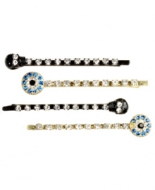 Symbolically stylish. Skulls and evil eye symbols embellish these chic bobby pins from RACHEL Rachel Roy. Made in gold tone mixed metal and adorned with glittering glass accents, they'll add an edgy effect to your favorite hairdo. Approximate length: 2-1/4 inches.