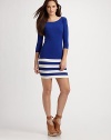 This sexy, form-fitting style is decorated with a row of sporty stripes banding the skirt.ScoopneckThree-quarter sleevesAbout 21 from natural waist95% polyester/5% spandexDry cleanMade in USA of imported fabricModel shown is 5'9½ (177cm) wearing US size Small. 