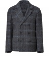 Eternally classic with a modern shorter length, this virgin wool and alpaca blend double-breasted glencheck jacket from Ermanno Scervino radiates timeless sophistication - Reverse lapel, flapped patch pockets, slim slightly tailored silhouette - Team with tailored trousers as a suit, or for casual days with jeans and a cashmere pullover