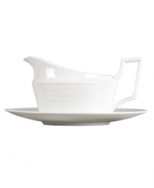 Rich with history, the Intaglio gravy boat from Wedgwood features modern bone china embossed with geometric motifs from the Georgian era. With a distinct handle design. Rich with history, the Intaglio gravy boat from Wedgwood features modern bone china embossed with geometric motifs from the Georgian era. With a distinct handle design.
