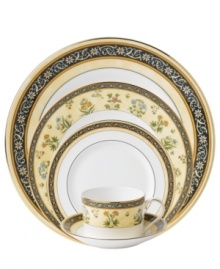 In 18th century England, Josiah Wedgwood, creator of the world famous Wedgwood ceramic ware, established a tradition of outstanding craftsmanship and artistry which continues today. The exotic India place settings present a pattern of exquisitely detailed, diminutive florals on a yellow and deep blue band against pure white bone china. In 18th century England, Josiah Wedgwood, creator of the world famous Wedgwood ceramic ware, established a tradition of outstanding craftsmanship and artistry which continues today. The exotic India place settings present a pattern of exquisitely detailed, diminutive florals on a yellow and deep blue band against pure white bone china.