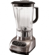 With sleek lines and smooth operation, this blender is always in the mix. Classically styled with a gleaming die-cast metal base, this blender uses a patented stainless steel blade to spin soups, smoothies and more to perfect consistency. One-year total replacement warranty. Model KSB580.