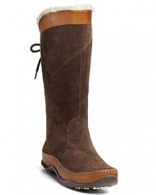 Moccasin-inspired waterproof boots with back lace-up detail and faux fur trim.