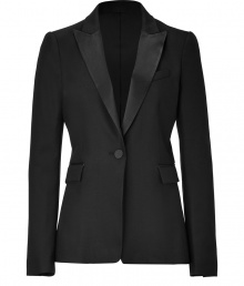 Tailored looks get an ultra luxe finish with Tara Jarmons immaculately cut silk trimmed blazer - Reverse lapel, long sleeves, single button closure, flapped pockets, back vent, tailored fit - Pair with sleek leather trousers and color-pop accessories