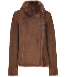 Unquestionably stylish, this luxe lambskin jacket from Joseph lends refined style to any cold weather look - Fold-over fur collar, long sleeves, patchwork seaming, hidden front closures, side slit pockets, ultra warm fur interior - Pair with an elevated jeans-and-tee look or with a sleek cocktail sheath