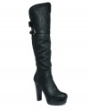 Up and away: GUESS' Loni2 over-the-knee boots feature a high stacked heel, non-adjustable strap detailing and inner leg zipper enclosure. Pair them with leggings for a sleek, chic look that's right on trend.