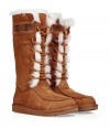 Cozy-cool chestnut Tularosa boots from UGG Australia - Bring chic appeal to your cold weather style with these luxe boots - Moc-inspired toe, tie-up front closure, embroidered trim at calf - Style with skinny jeans, an oversized cashmere sweater, and fur-trimmed parka