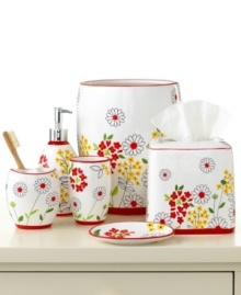 How does your garden grow? Inspired by the fun, carefree designs of Vera, the Wildflower tissue holder blooms with summertime florals in cheerful hues of cherry red, green and sunny yellow. Featuring hand-painted trim; high-fired for lasting durability. How does your garden grow? Inspired by the fun, carefree designs of Vera, the Wildflower tissue holder blooms with summertime florals in cheerful hues of cherry red, green and sunny yellow. Featuring hand-painted trim; high-fired for lasting durability.