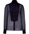 Luxe navy sheer silk top from See by Chloe - This sheer tuxedo style top brings fashion-forward appeal to any ensemble - Bib front, button front placket, small collar, barrel cuffs, and back pleating detail - Wear with skinny trousers, a wool A-line coat, and peep-toe heels