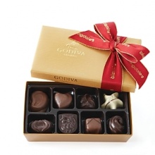 This 8 piece holiday gift box of Godiva chocolate includes an assortment of milk, dark and white chocolates with a variety of praline, fruit, nut and caramel fillings. Adorned with a beautiful Bloomingdale's bow. This 8 piece holiday gift box of Godiva chocolate includes an assortment of milk, dark and white chocolates with a variety of praline, fruit, nut and caramel fillings. Adorned with a beautiful Bloomingdale's bow.
