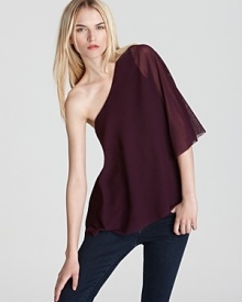 A one shouldered silhouette lends drama to an after-hours top from Sweet Pea.