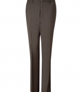These classic cut pants inject instant elegance to your workweek look - Slim cut, straight leg, front crease detail, front pockets, back welt pockets with button - Pair with a matching blazer, a punchy printed button down, and oxfords