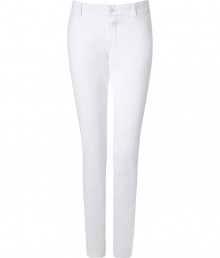 Inject some bright white into your new-season style with these slim fit chinos from Closed - Skinny silhouette, chino-style, zip with button closure, belt loops, slant pockets, back welt pockets with button - Style with a printed blouse, boyfriend cardigan, and embellished ballet flats