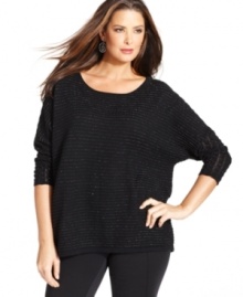 Let your casual style shine with Alfani's three-quarter-sleeve plus size sweater, featuring a metallic finish!