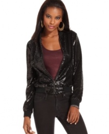 Make a high-shine statement in this sequined GUESS bomber jacket -- a super glam layering piece!