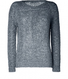 Stylish loose knit pullover in fine, pure denim-colored cotton - Elegant, lightweight open weave ideal for layering - Long sleeves and round neck - Straight, slim silhouette - Chunky rib trim at hem and cuffs - Casually cool, ideal for both work and play - Pair with a fitted tank or t-shirt and wear with jeans, chinos or a pencil skirt