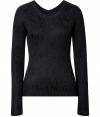 The perfect companion to trend-favorite leather leggings, Theyskens Theorys gauzy knit pullover counts as a modern must-have - Rounded neckline in front, V-neckline in back, raw edges, slightly longer back hemline - Layer over a neon bra top to play up peek-a-boo patterning